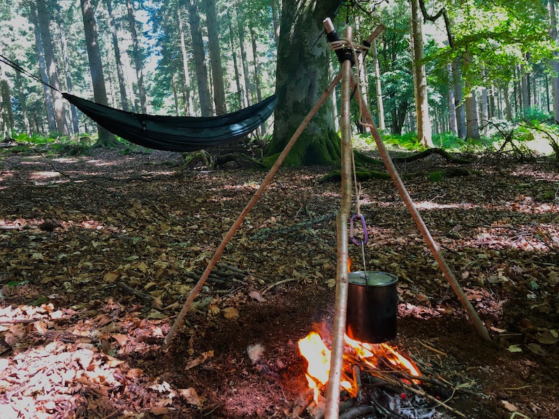 Camp with fire and hammock